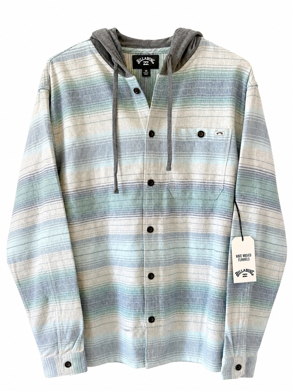 NWT Billabong Baja Flannel Hooded Light Blue Striped Shirt M Shacket Skate
